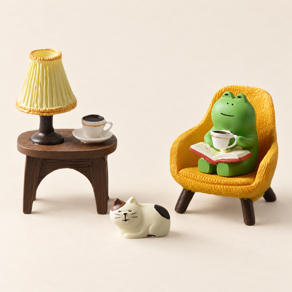 Frog's Little Reading Nook miniature set with yellow chair, lamp table, teacups and tiny cat